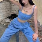Set: Sleeveless Crop Top + High-waist Loose-fit Pants