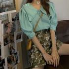 Plain Puff-sleeve Blouse / Flower High-waist Pants