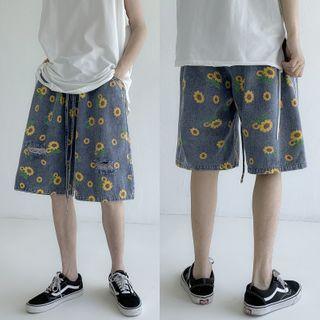 Floral Print Cutout Denim Shorts