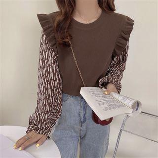 Mock Two-piece Long-sleeve Frill Trim Knit Top