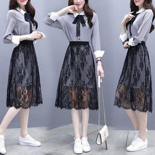 Set: Long-sleeve Mini Shirtdress + Midi Lace Skirt