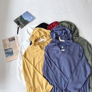 Plain Drawcord Long-sleeve Hooded Top