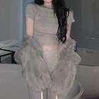 Short-sleeve Cropped T-shirt / Fluffy Jacket / Front-slit Straight Leg Pants