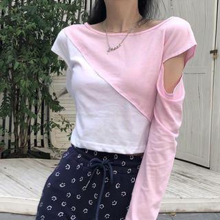 Color-block Crop Top / Smiley Boot-cut Pants