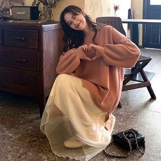 Irregular Hem Crew-neck Sweater / Midi A-line Skirt