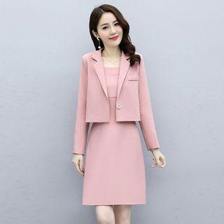 Set: Cropped One-button Blazer + Spaghetti Strap Mini Sheath Dress