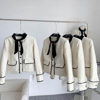 Tie-neck Contrast Trim Button-up Jacket