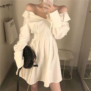 Plain Off-shoulder Long-sleeve Loose-fit Dress