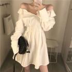 Plain Off-shoulder Long-sleeve Loose-fit Dress