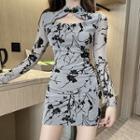 Flower Crewneck Slim-fit Mesh Long-sleeve Dress