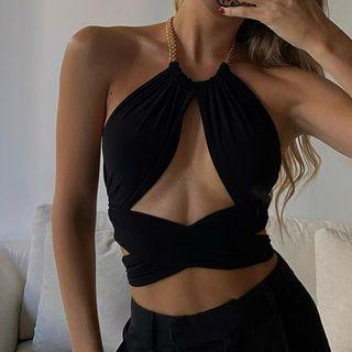 Ribbon-back Sleeveless Cropped Halter Top