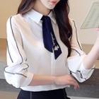 Embroidered Tie Accent Chiffon Shirt