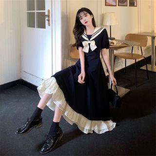Puff-sleeve Sailor Collar Bow Midi A-line Dress