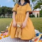 Short-sleeve Bear Embroidered Collared A-line Dress