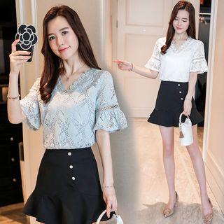Bell-sleeve V-neck Lace Blouse
