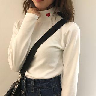 Mock-neck Heart Embroidery Sweater