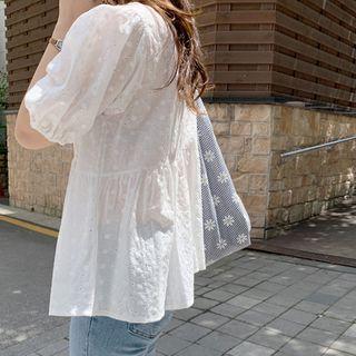 Balloon-sleeve Eyelet-lace Peplum Blouse Ivory - One Size