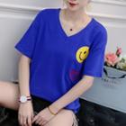 V-neck Smile Print Short-sleeve T-shirt