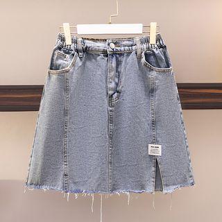 Fray Hem Slit Denim Mini A-line Skirt