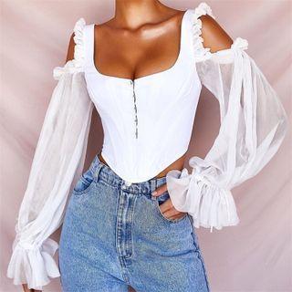 Bell-sleeve Cold-shoulder Mesh Top