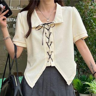 Elbow-sleeve Collar Lace-up Top