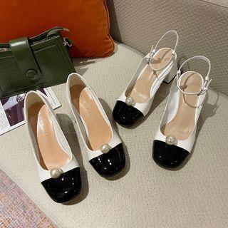 Block Heel Faux Pearl Pumps / Slingback Sandals