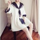 Elbow-sleeve Sailor-collar Dress White - One Size