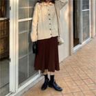 Long-sleeve Cable Knit Cardigan / Plain Pleated Midi Skirt