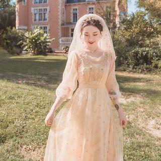 Set: Embroidered Long-sleeve Midi A-line Dress + Slipdress + Veil