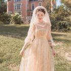 Set: Embroidered Long-sleeve Midi A-line Dress + Slipdress + Veil