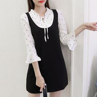 Mock Two Piece Dotted 3/4 Sleeve Dress