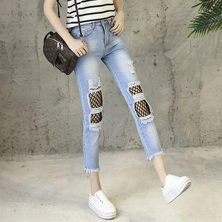 Mesh Panel Rip Slim Fit Jeans
