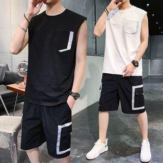 Set: Contrast Trim Tank Top + Wide Leg Shorts