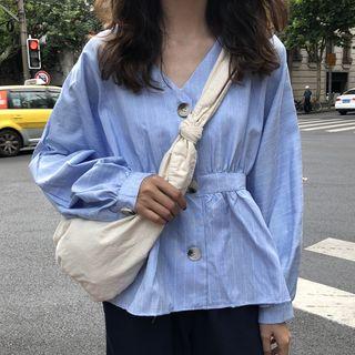 Puff-sleeve Striped Buttoned Top Light Blue - One Size