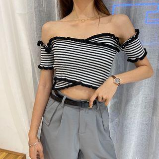 Ruffled Off-shoulder Short-sleeve Knit Top