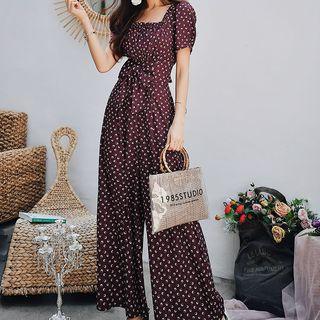 Set: Printed Short-sleeve Blouse + Wide-leg Pants