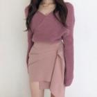 Off-shoulder V-neck Sweater / High-waist Asymmetrical Mini Skirt