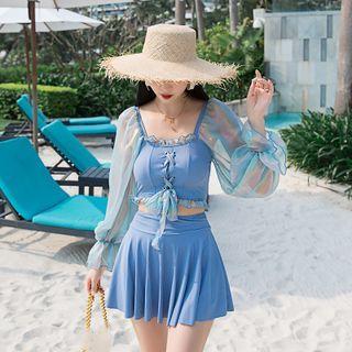 Set: Long-sleeve Lace-up Frill Trim Tankini Top + Swim Skirt