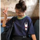 Printed Contrast-trim Elbow-sleeve T-shirt Navy Blue - One Size