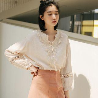 Split Neck Lace Trim Blouse