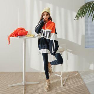 Set: Hooded Letter Print Pullover + Contrast-trim Leggings