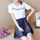Set: Short-sleeve Lettering Long Top + Perforated A-line Mini Skirt