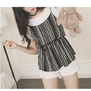 Striped Mock Two-piece Crewneck T-shirt