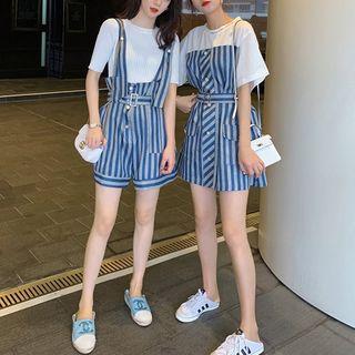 Short-sleeve T-shirt / Striped Suspender Shorts / Mock Two-piece Dress