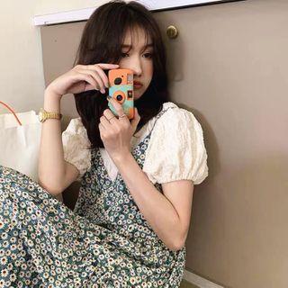 Set: Puff-sleeve Blouse + Flower Print Midi Overall Dress