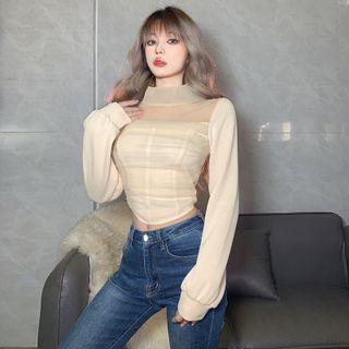 Long-sleeve Mock-neck Mesh Panel Corset Top