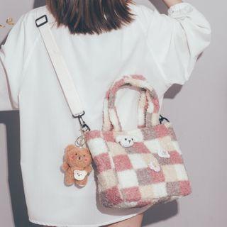 Plaid Fleece Top Handle Crossbody Bag
