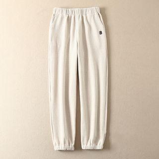 High-waist Lettering Embroidered Corduroy Gathered Cuff Pants