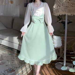 Bow Ruffle Trim Midi A-line Overall Dress