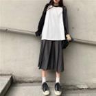 Long-sleeve Raglan T-shirt / A-line Midi Pleated Skirt
